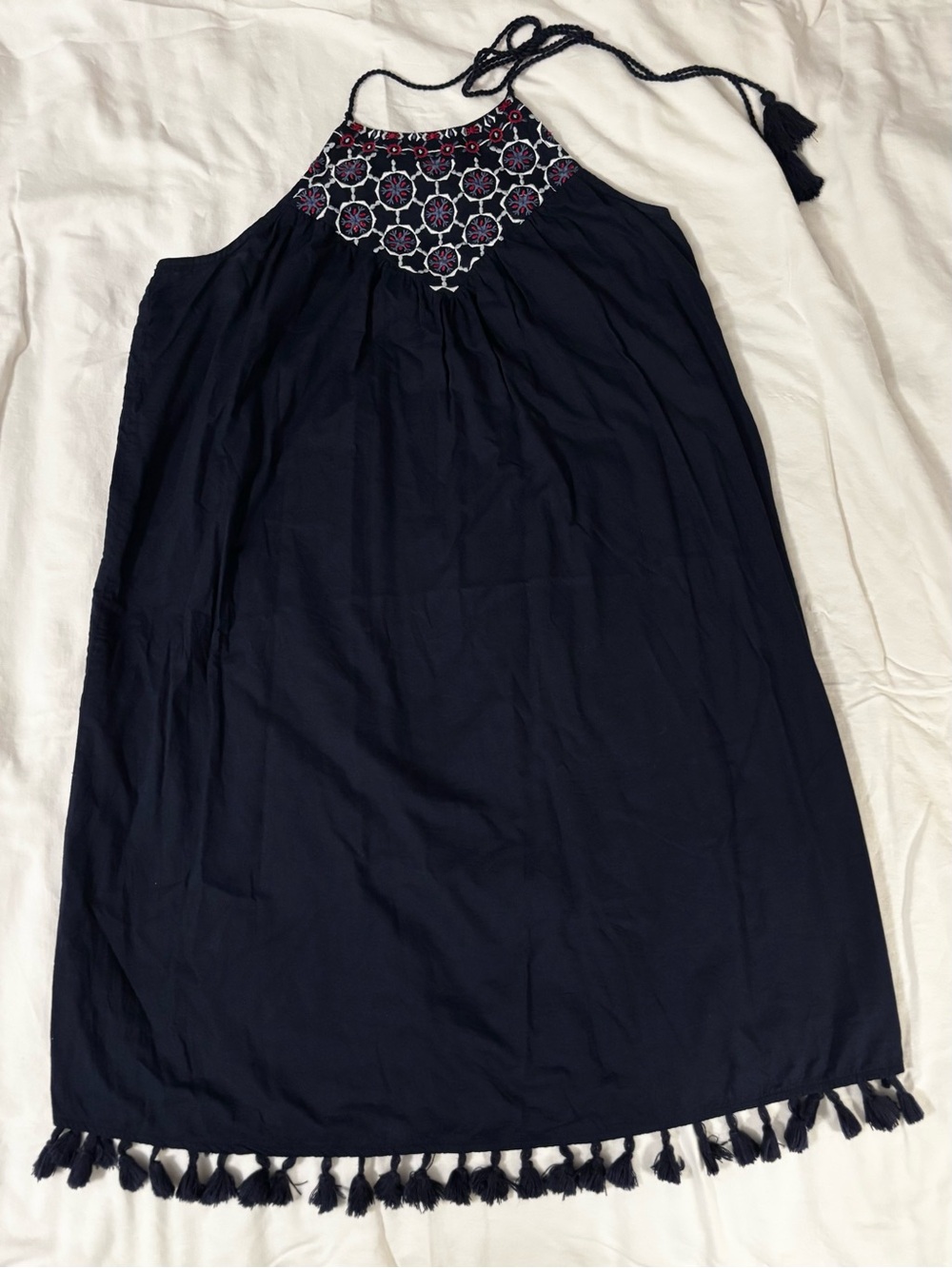 LOFT Navy Halter Mini Dress with Embroidered Yoke